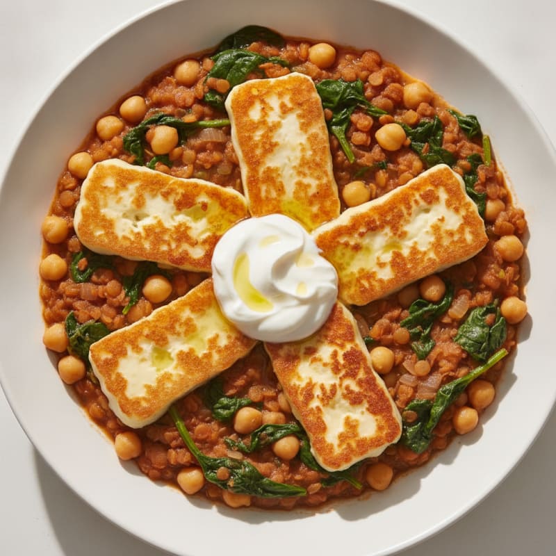 Creamy Lentil and Chickpea Stew with Spinach and Grilled Halloumi
