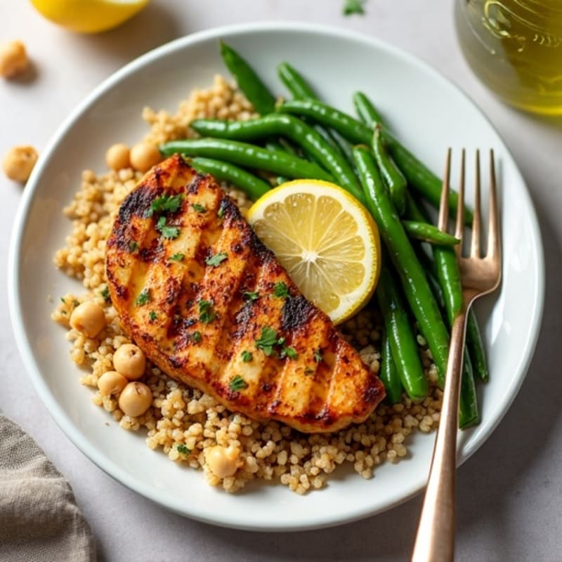 Grilled Seitan and Quinoa Plate with Lemon-Garlic Green Beans