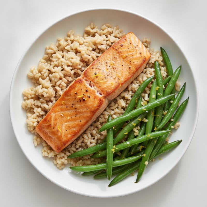 Seared Salmon with Garlic Green Beans and Brown Rice