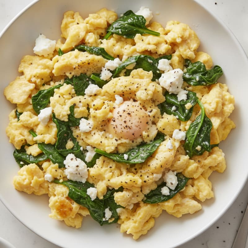 Scrambled Eggs with Sautéed Spinach and Feta