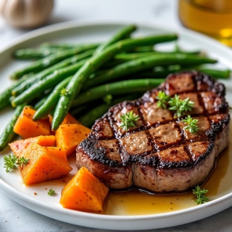 Tender Pan-Seared Steak with Crispy Roasted Sweet Potatoes and Garlic Green Beans