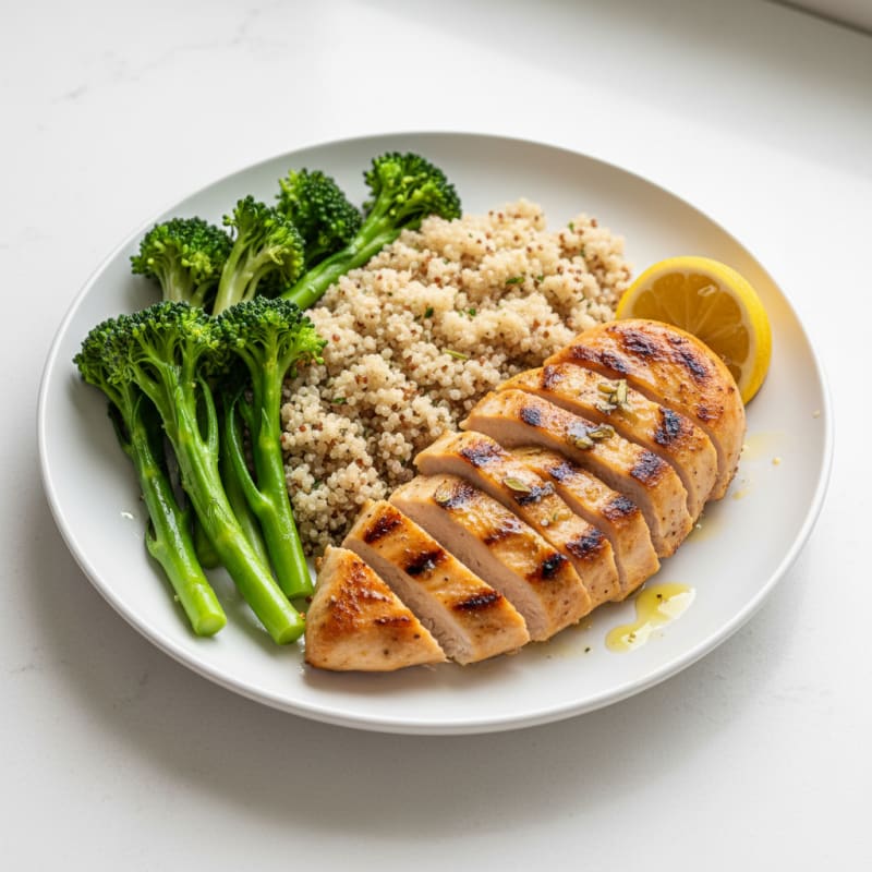 Grilled Lemon Chicken Breast with Quinoa and Steamed Broccoli
