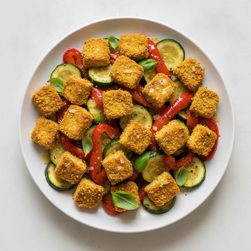 Crispy Baked Tempeh with Roasted Vegetable Salad