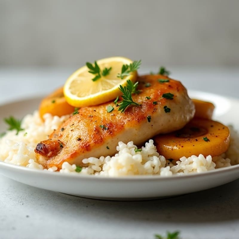 Lemon Garlic Chicken with Roasted Sweet Plantains and Fluffy White Rice