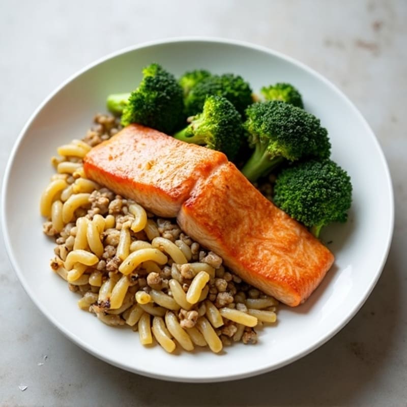 Pan-Seared Salmon with Fiber-Rich Lentil Pasta and Roasted Broccoli
