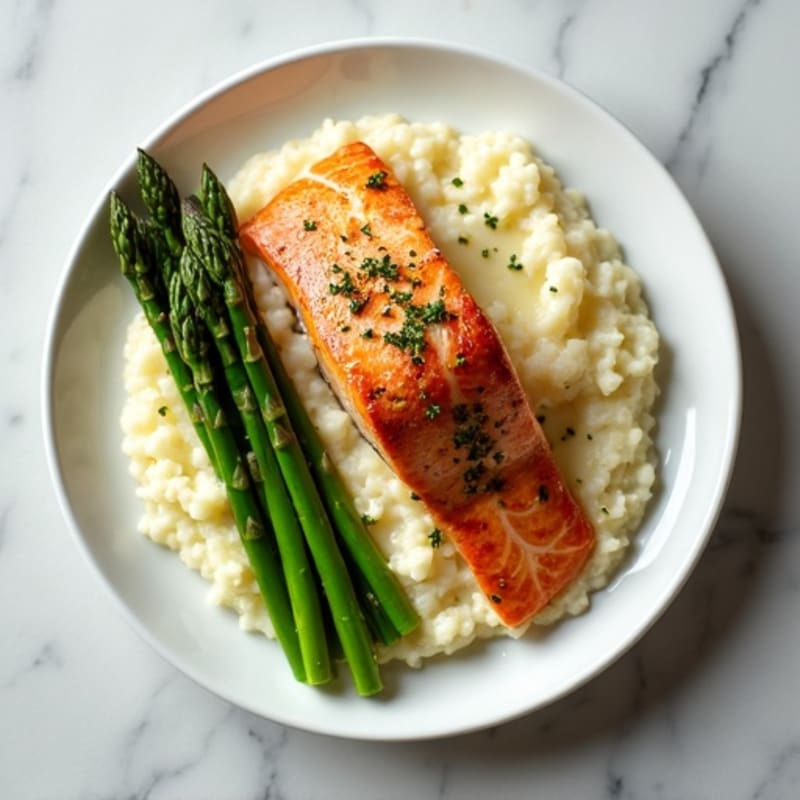 Seared Salmon with Steamed Asparagus and Garlic Cauliflower Mash