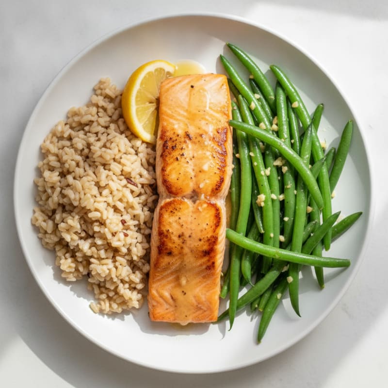 Seared Salmon with Garlic Green Beans and Brown Rice