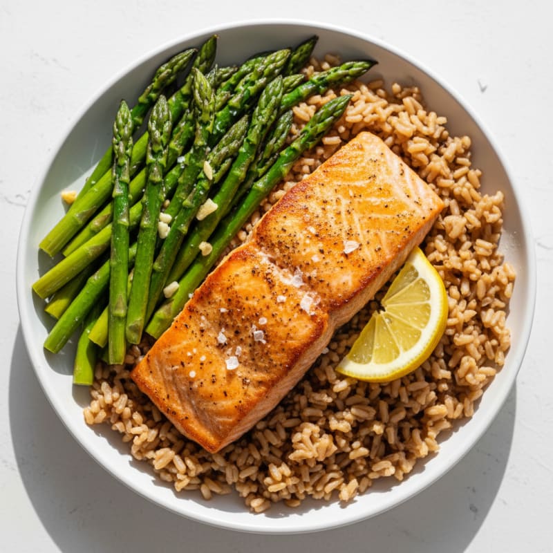 Seared Salmon with Brown Rice and Steamed Asparagus