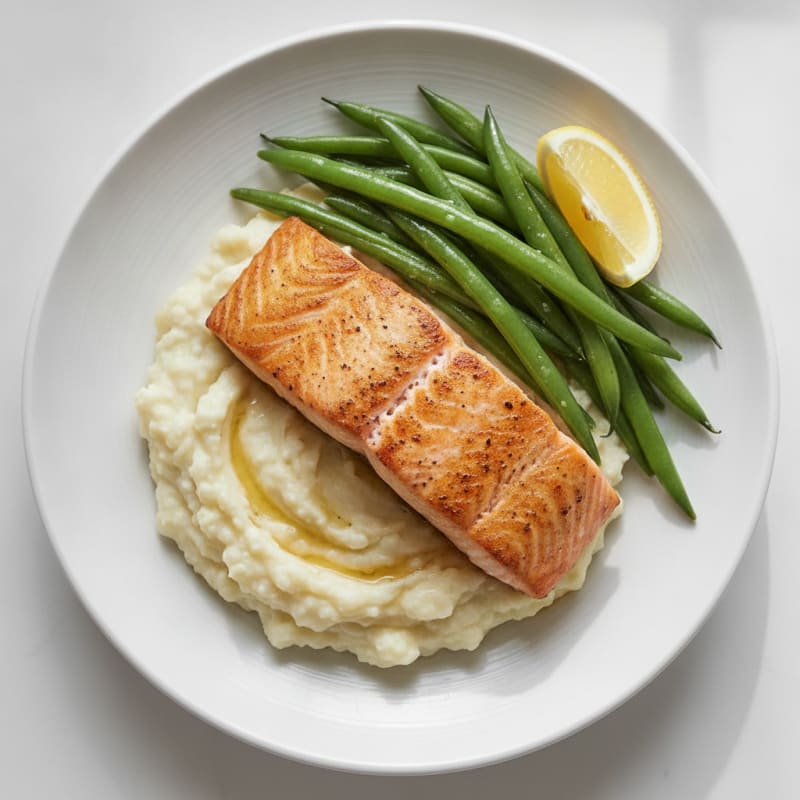 Seared Salmon with Steamed Green Beans and Garlic Mashed Cauliflower