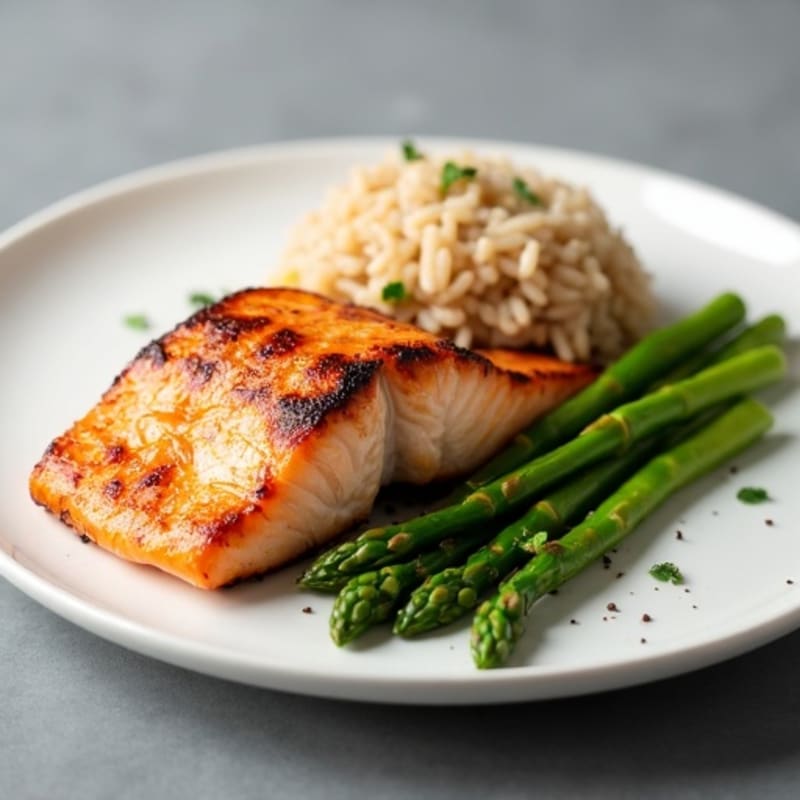 Seared Salmon Fillet with Steamed Asparagus and Brown Rice