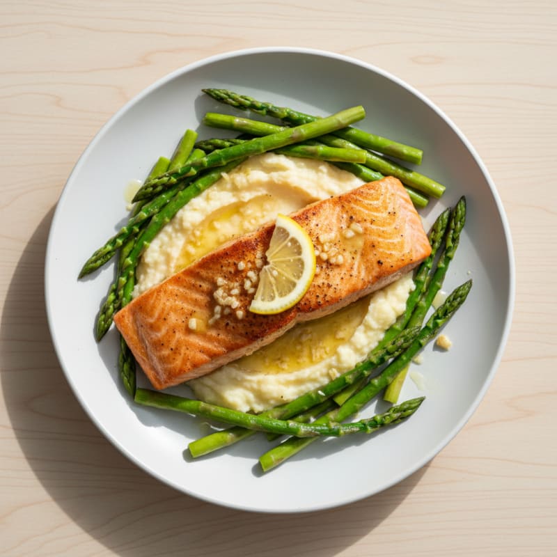 Seared Salmon with Steamed Asparagus and Cauliflower Mash