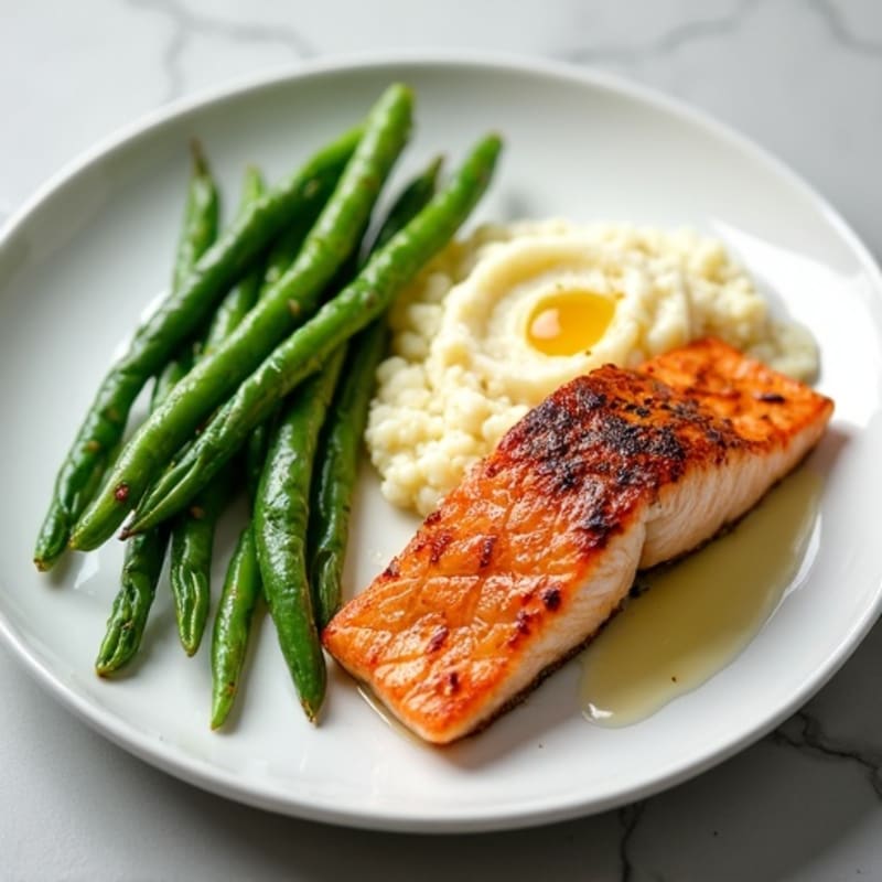 Seared Salmon with Steamed Green Beans and Cauliflower Mash