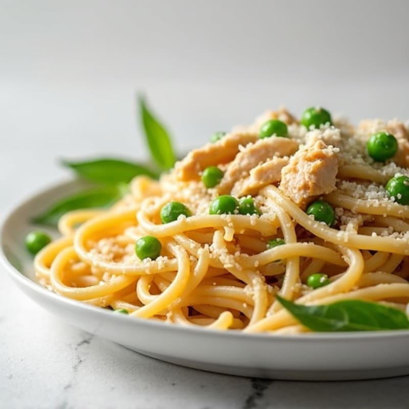 Creamy Chicken Carbonara with Whole Wheat Spaghetti and Fresh Peas