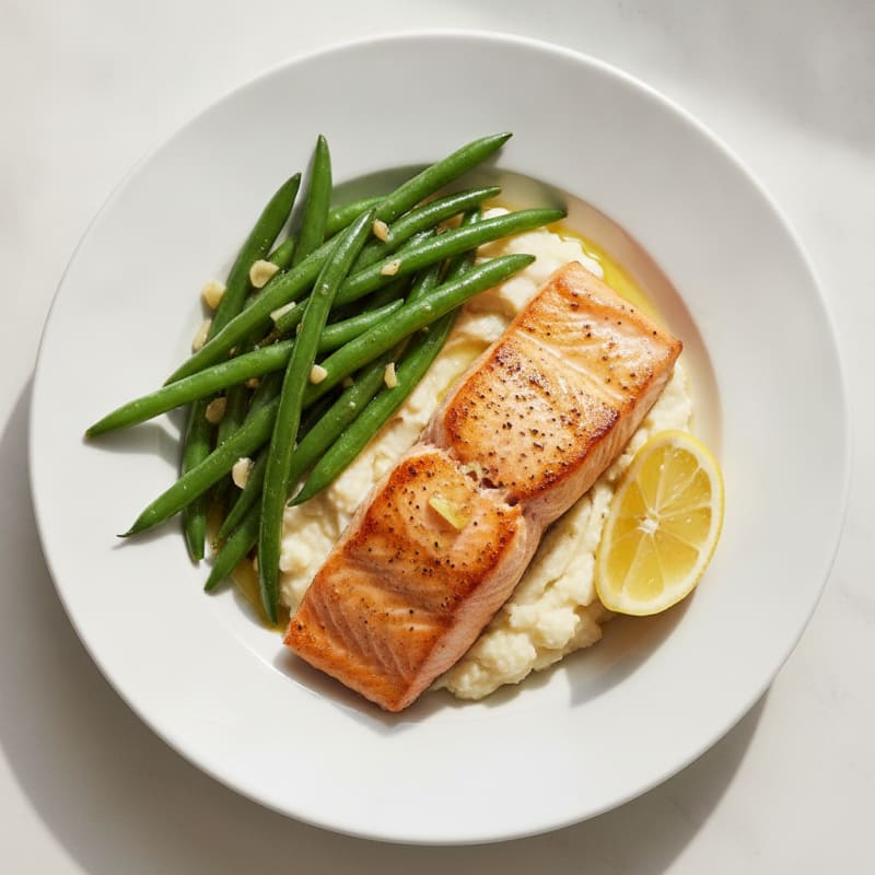 Seared Salmon with Garlic Green Beans and Mashed Cauliflower