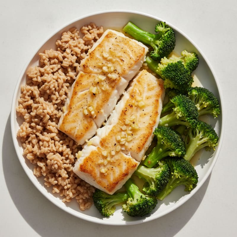 Baked Cod with Steamed Broccoli and Brown Rice
