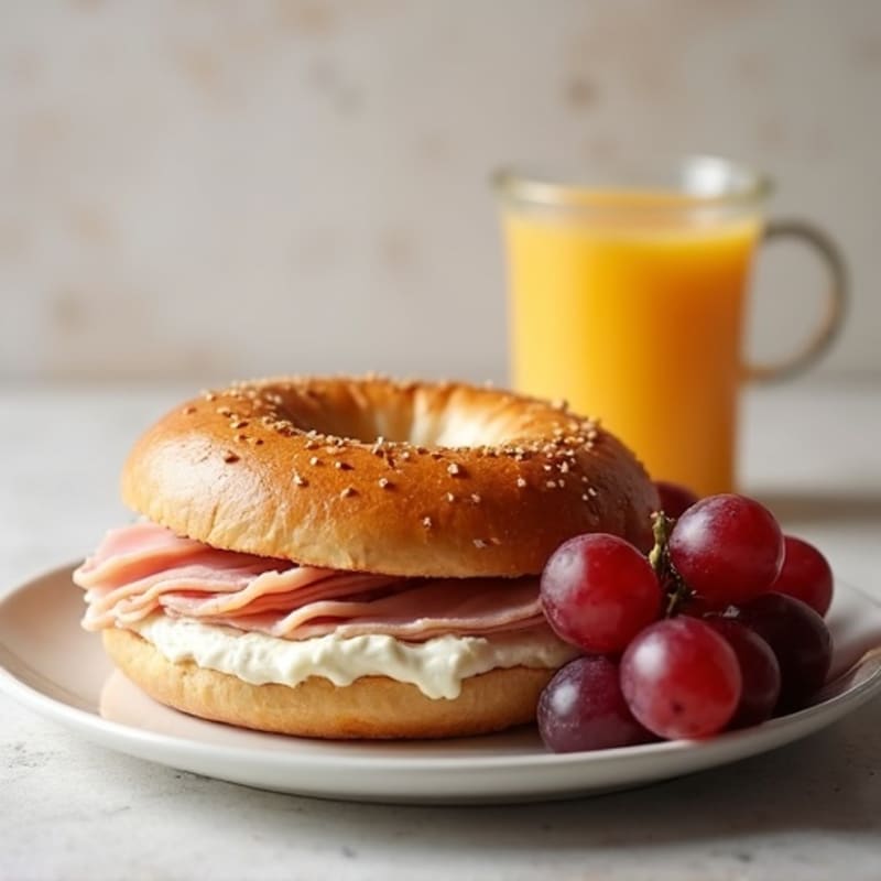 Toasted Bagel with Cream Cheese, Turkey Breast & Grapes