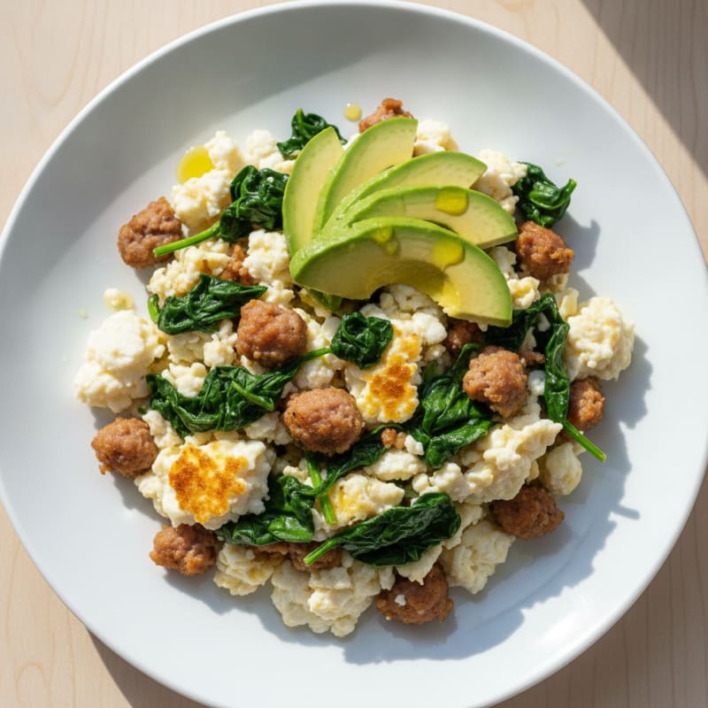 Egg White Scramble with Turkey Sausage and Sautéed Spinach