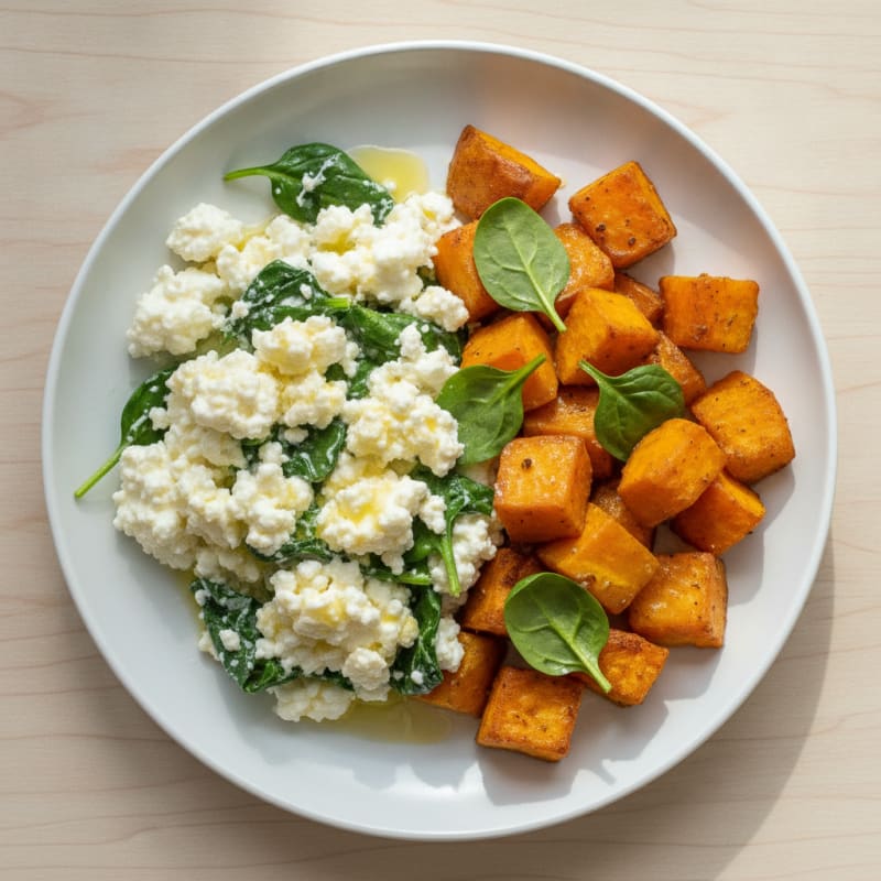 Cottage Cheese Egg White Scramble with Spinach and Roasted Sweet Potato