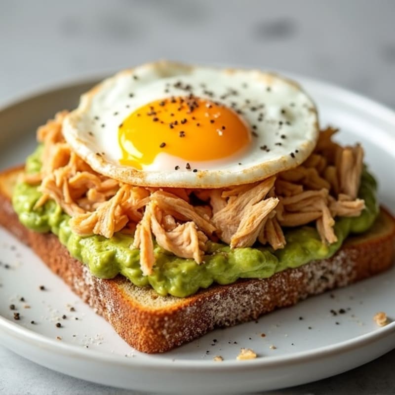 Protein-Packed Sourdough Toast with Shredded Chicken, Eggs and Avocado Smash