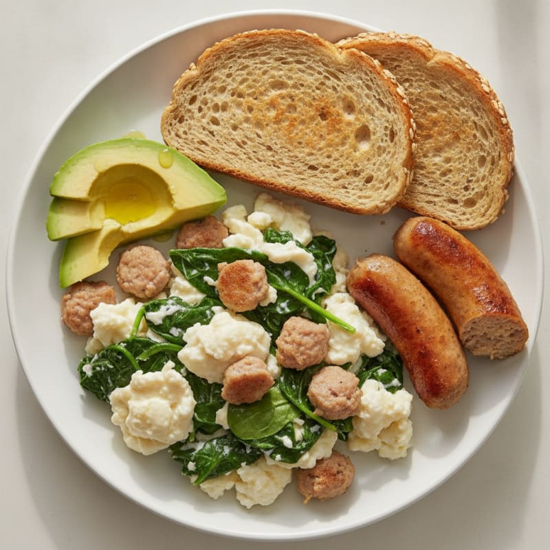 Egg White Spinach Scramble with Turkey Sausage