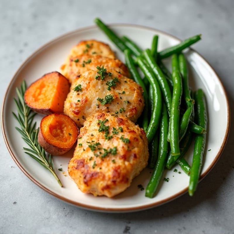 Crispy Lemon Herb Baked Chicken with Roasted Sweet Potatoes and Green Beans