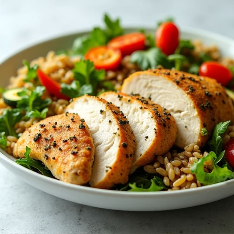 Lemon Herb Chicken and Brown Rice Salad with Crisp Greens and Roasted Vegetables