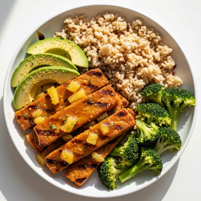 Grilled Pineapple-Glazed Tempeh with Brown Rice and Broccoli