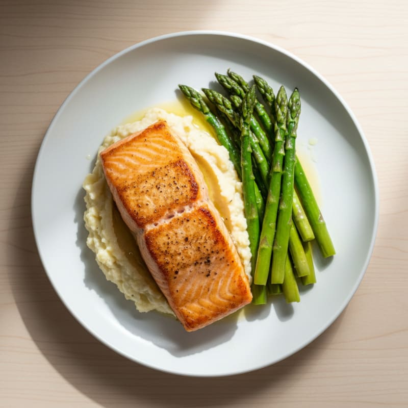 Seared Salmon with Steamed Asparagus and Cauliflower Mash