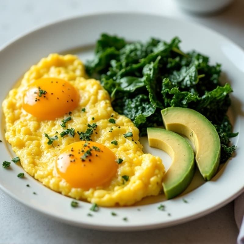 Protein-Packed Scrambled Eggs with Sautéed Greens and Sliced Avocado