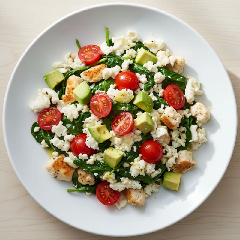 Chicken Egg White Scramble with Spinach and Cherry Tomatoes