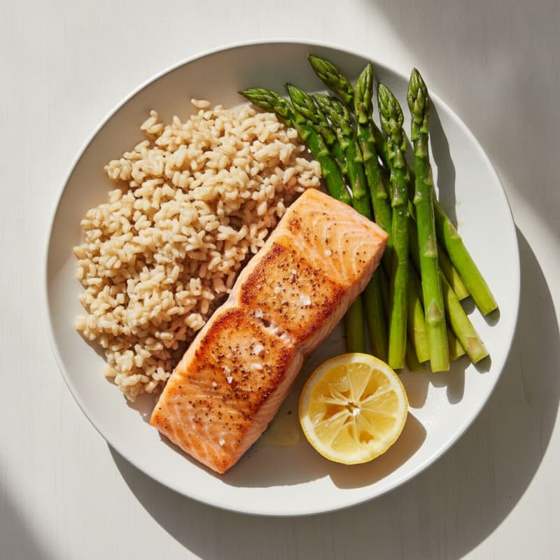 Seared Salmon with Steamed Asparagus and Brown Rice