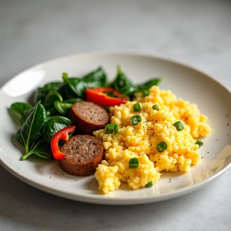 Fluffy Egg Scramble with Lean Turkey Sausage and Sautéed Greens