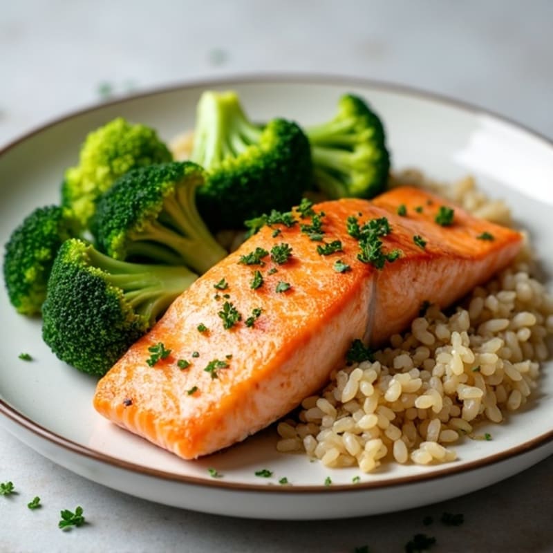 Seared Salmon with Steamed Broccoli and Herbed Brown Rice