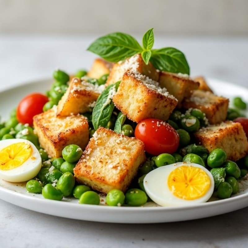 Crispy Tofu and Edamame Salad with Lemon-Tahini Dressing