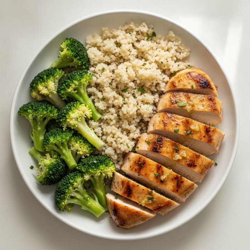 Grilled Lemon-Garlic Chicken Breast with Quinoa and Steamed Broccoli