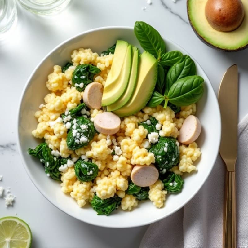 Egg White Spinach Scramble with Cottage Cheese and Sliced Turkey