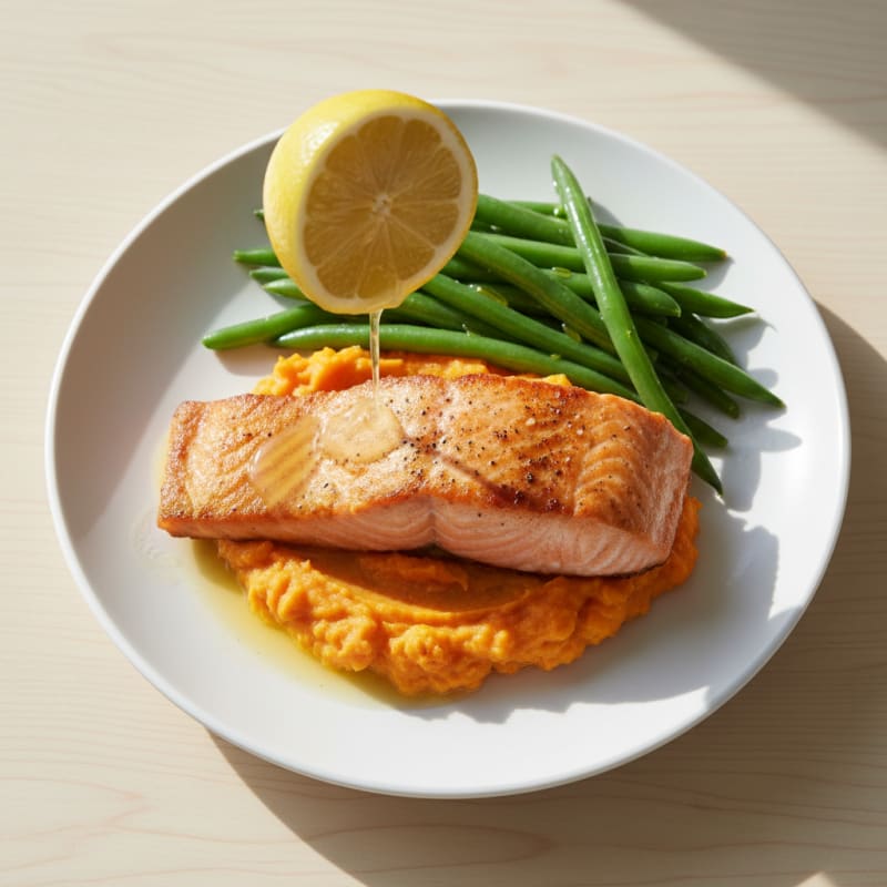 Seared Salmon Fillet with Steamed Green Beans and Sweet Potato Mash