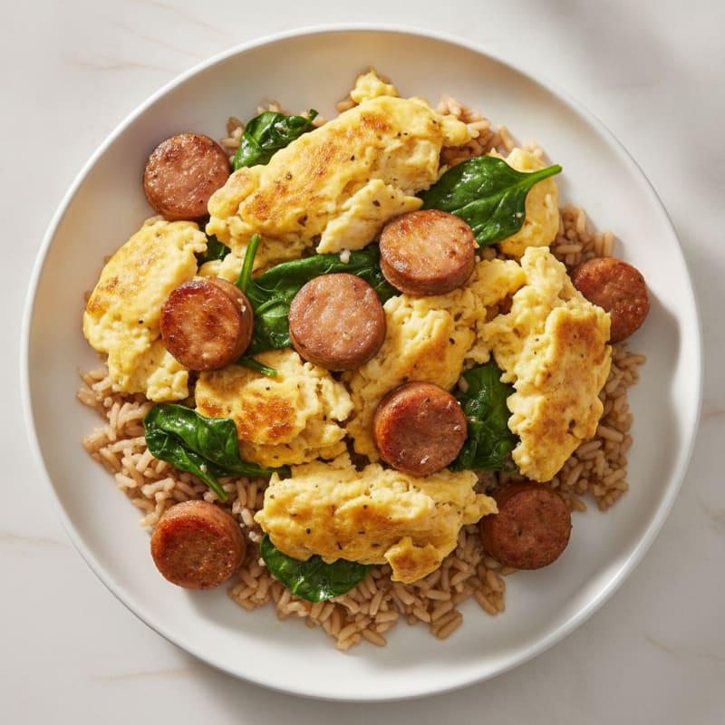 Scrambled Eggs with Turkey Sausage and Sautéed Spinach