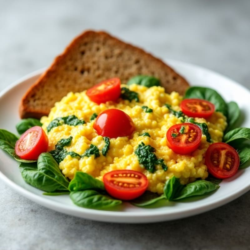 Fluffy Scrambled Eggs with Fresh Spinach and Cherry Tomatoes
