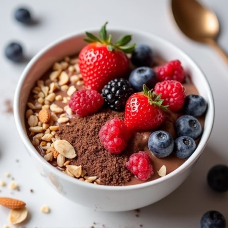Creamy Chocolate Protein Chia Pudding with Berries and Toasted Almonds