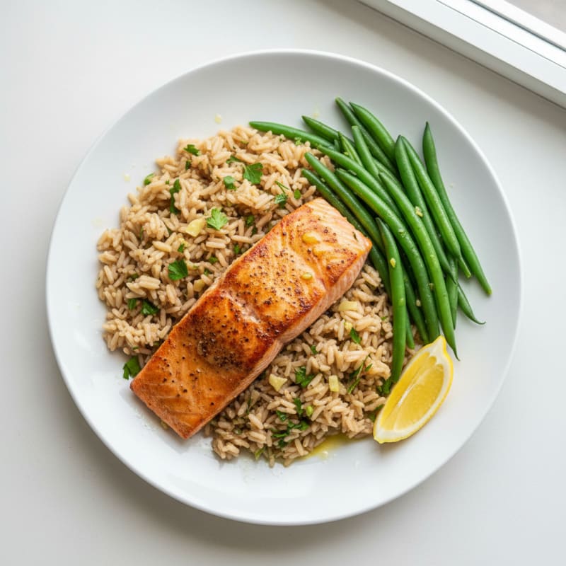 Seared Salmon Fillet with Steamed Green Beans and Herbed Brown Rice