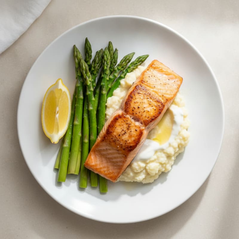Seared Salmon with Steamed Asparagus and Garlic Cauliflower Mash