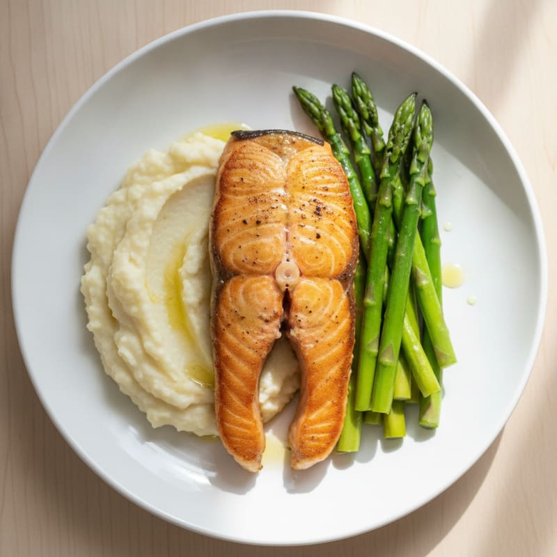 Seared Salmon with Steamed Asparagus and Cauliflower Mash