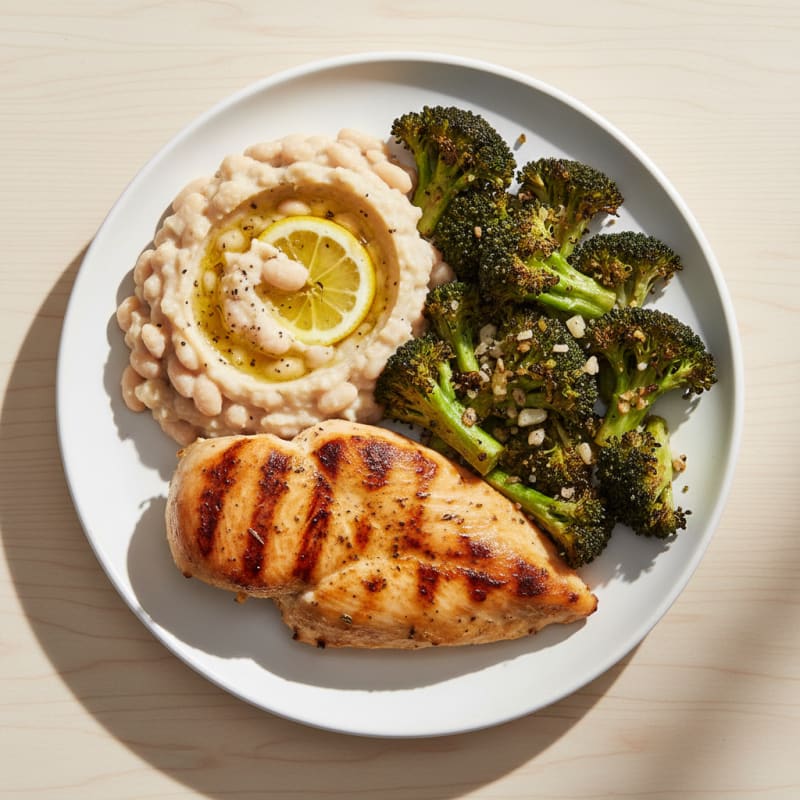 Grilled Chicken Breast with Creamy White Bean Salad and Roasted Broccoli