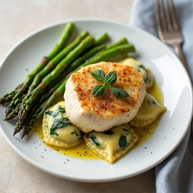 Pan-Seared Chicken with Spinach Ravioli and Roasted Asparagus