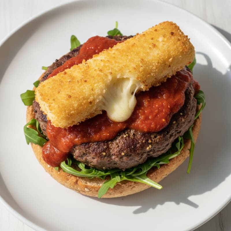 Mozzarella Stick Beef Burger with Marinara