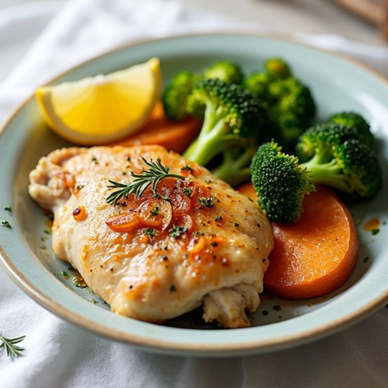 Lemon-Herb Roasted Chicken with Crispy Broccoli and Roasted Sweet Potato