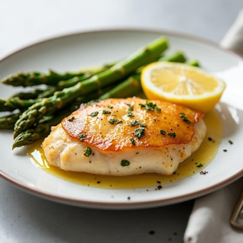 Lemon Garlic Pan Seared Chicken with Roasted Asparagus