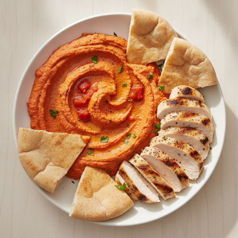 Roasted Red Pepper Hummus with Grilled Chicken and Pita