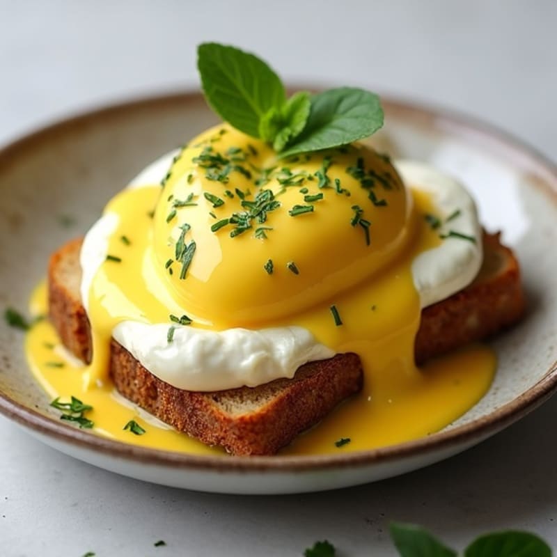 Herb-Poached Eggs with Hollandaise on Toasted Sourdough